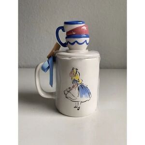 RAE DUNN Disney ALICE IN WONDERLAND “MAD TEA PARTY” Double Sided Mug W/ Topper